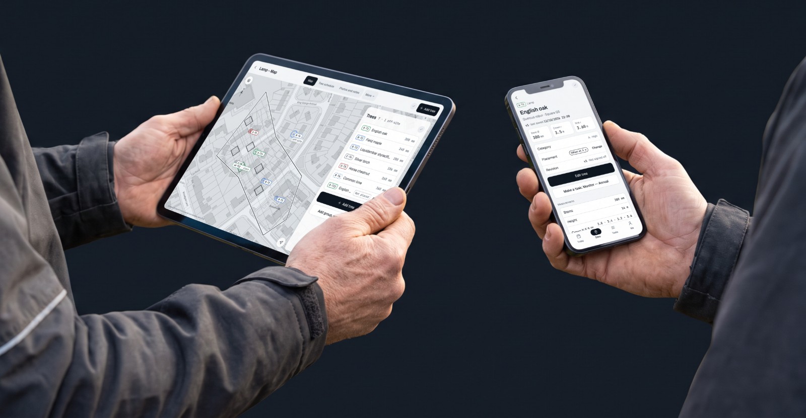 Two arborists comparing a site map on an iPad and a tree record on an iPhone in Tree Atlas