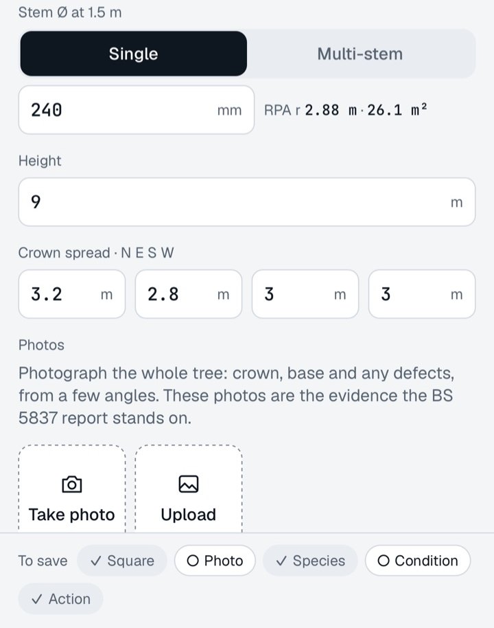 Tree Atlas on iPhone, editing a tree: a single stem of 240 mm giving a root protection area of radius 2.88 m and 26.1 m², height 9 m, the crown spread on four sides, and buttons to take or upload a photo.