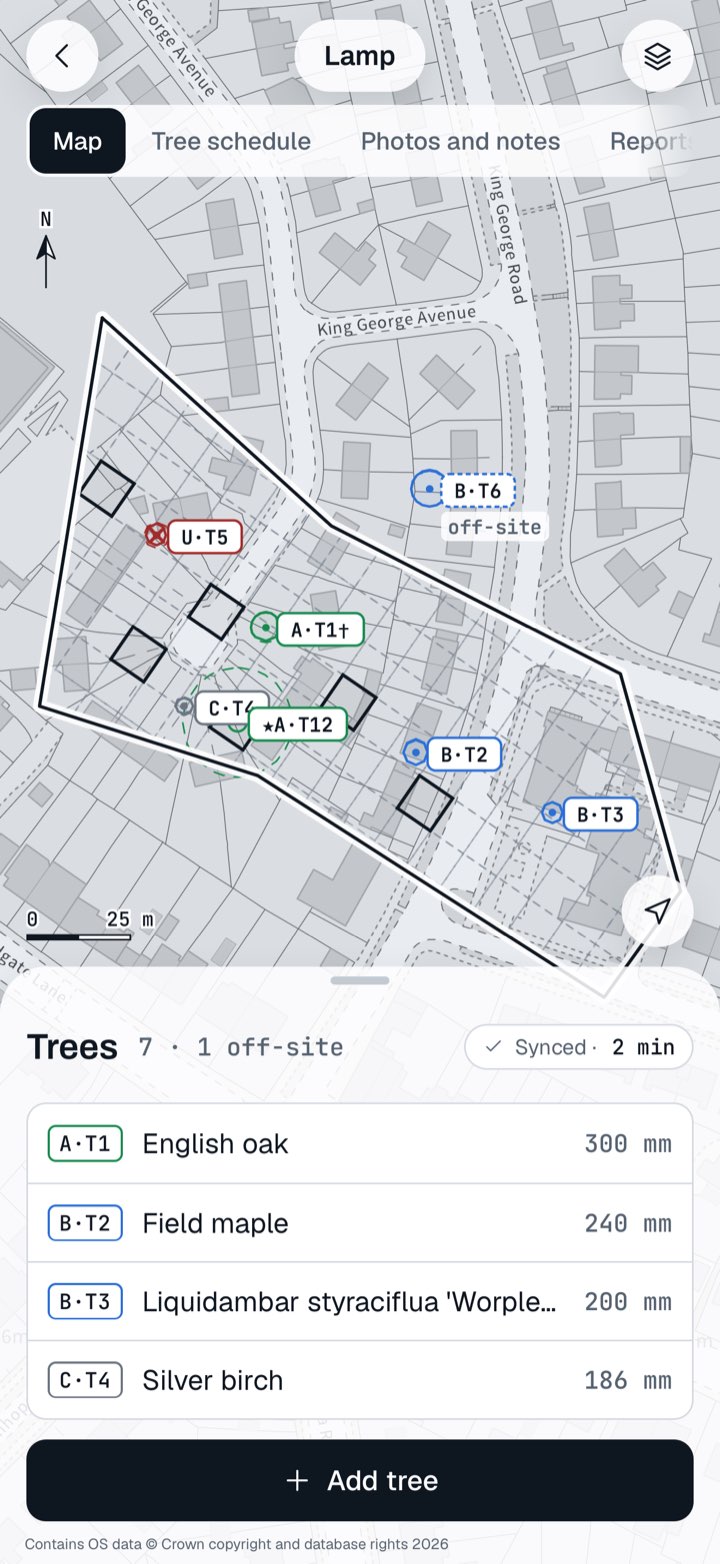 Tree Atlas on iPhone, the site map: the site boundary over Ordnance Survey mapping, trees labelled by category and number such as A·T1, B·T2, C·T4 and U·T5, and below it the list of seven trees, one off-site, with their stem diameters.