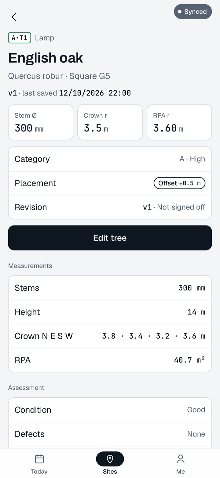Tree Atlas on iPhone, tree A·T1, an English oak: stem diameter 300 mm, crown radius 3.5 m and root protection area radius 3.60 m, category A, placed by offset to within 0.5 m, not yet signed off, with its measurements below.